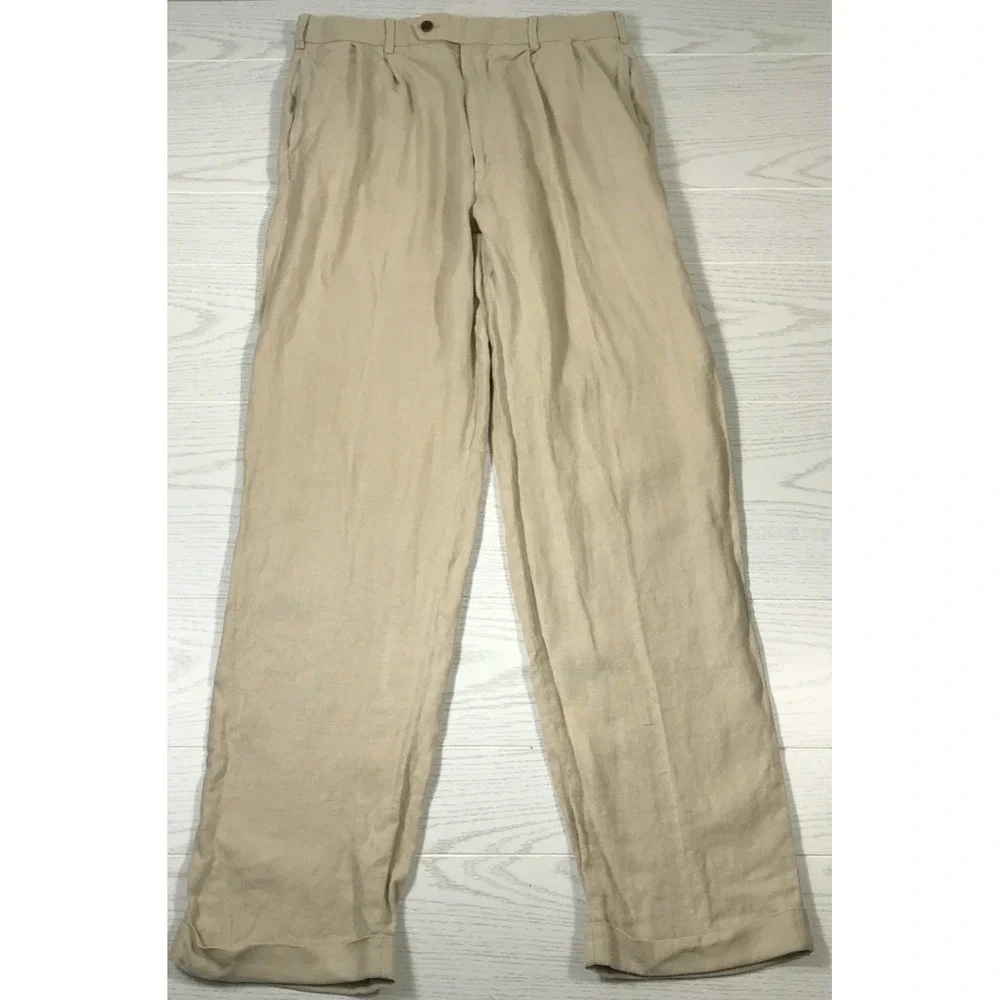 Brooks Brothers 100% Irish Linen Pants 36x30 Men Beige Lightweight Chino Pleated